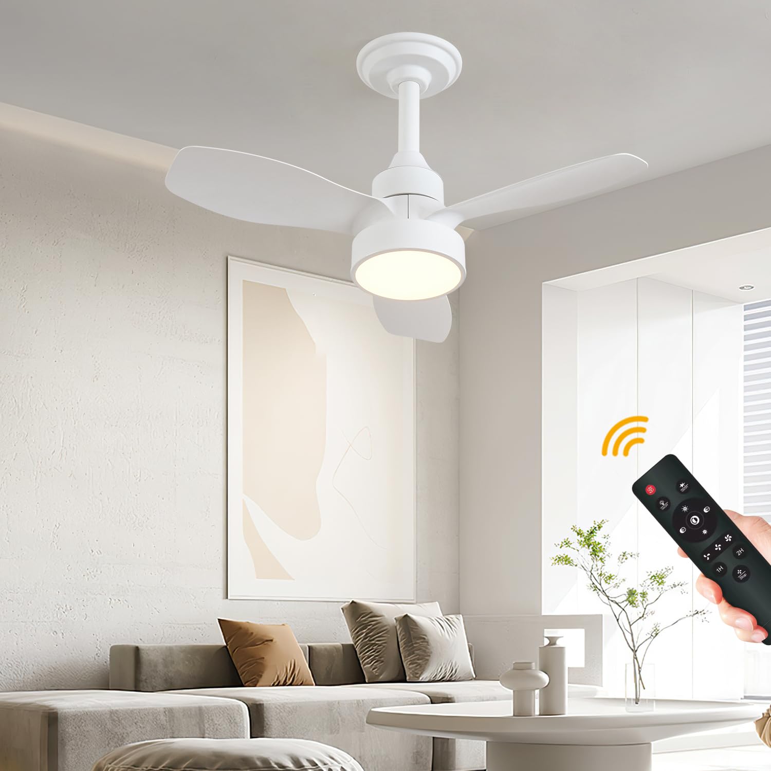 JDONG Weiß Deckenventilator mit Beleuchtung Ø 62CM Leise Fernbedienung 3 Farbtemperatur 3 Geschwindigkeiten Timer