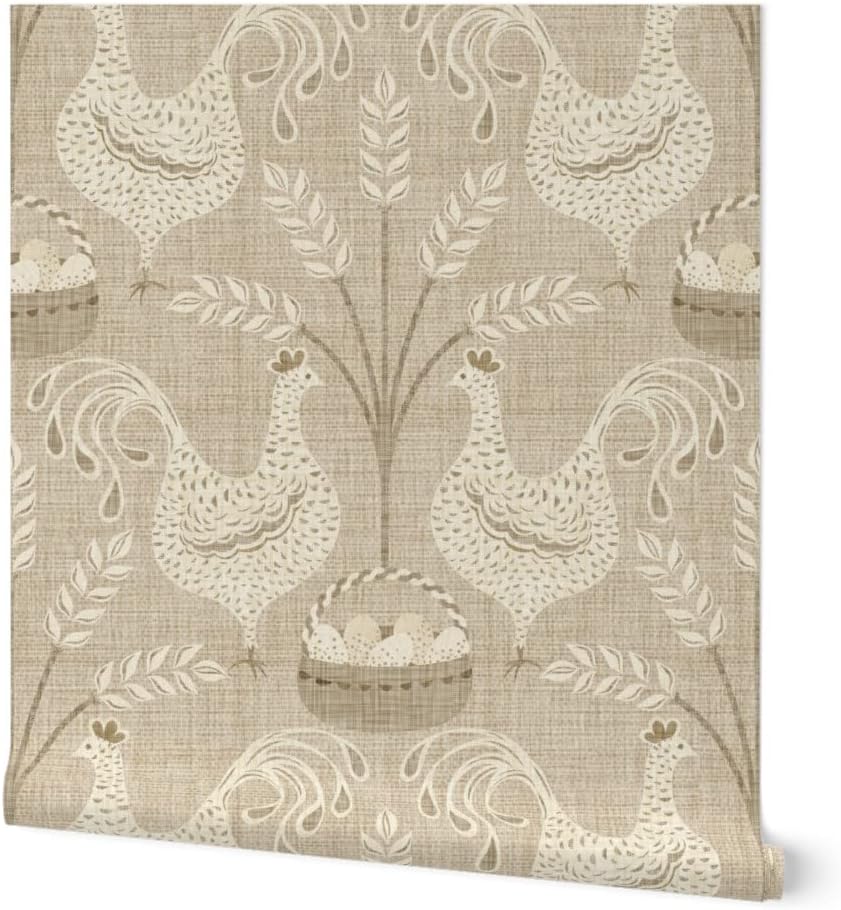 Spoonflower Peel & Stick Wallpaper Swatch - Vintage Chickens Neutral Kitchen Eggs Farmhouse Custom Removable Wallpaper