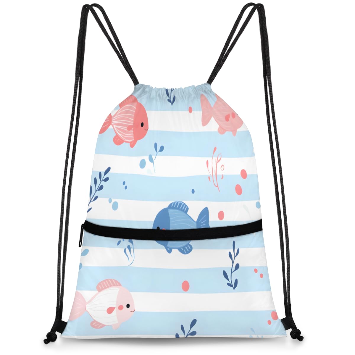 QsirBC Cute Fish In Stripes Drawstring Bag for Men &amp; Women, Gym Sports Backpack with Zipper Pocket, Lightweight String Sackpack for Travel, Running, Hiking, Workout