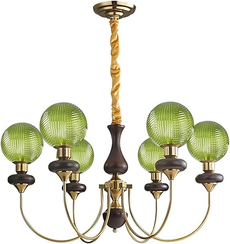 Candelabro Art Deco con globo de cristal verde, 6 luces doradas, vintage, de madera, lámparas colgantes de mediados de siglo, para sala de estar, disponible en Yaxa Guatemala