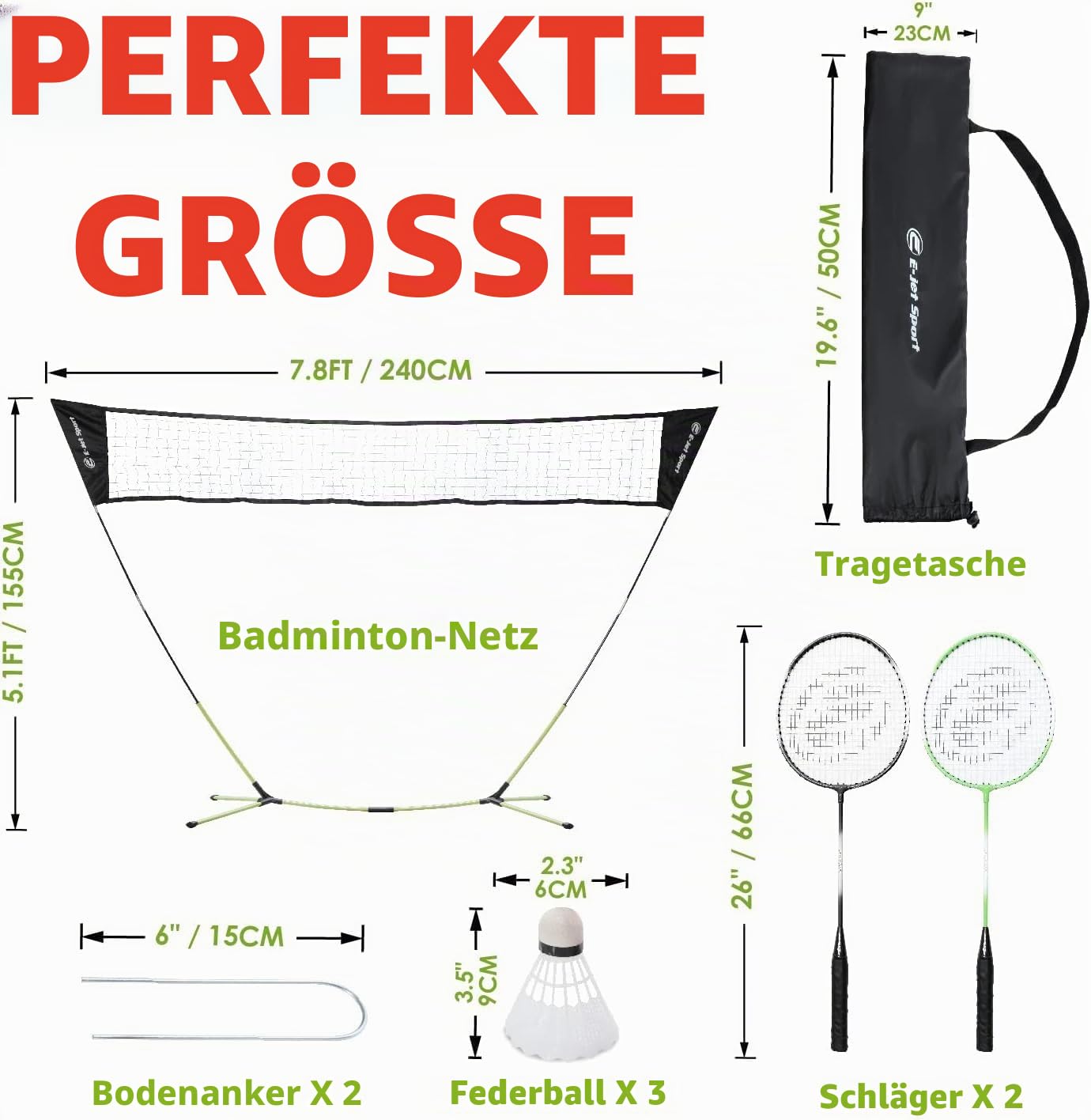 E-Jet Badminton-Netzschläger, Federbälle, Kombi-Set – tragbar und sofort aufgestellt (Hinterhof-Spaß, Strandpark-Picknick, Outdoor-Spiele)