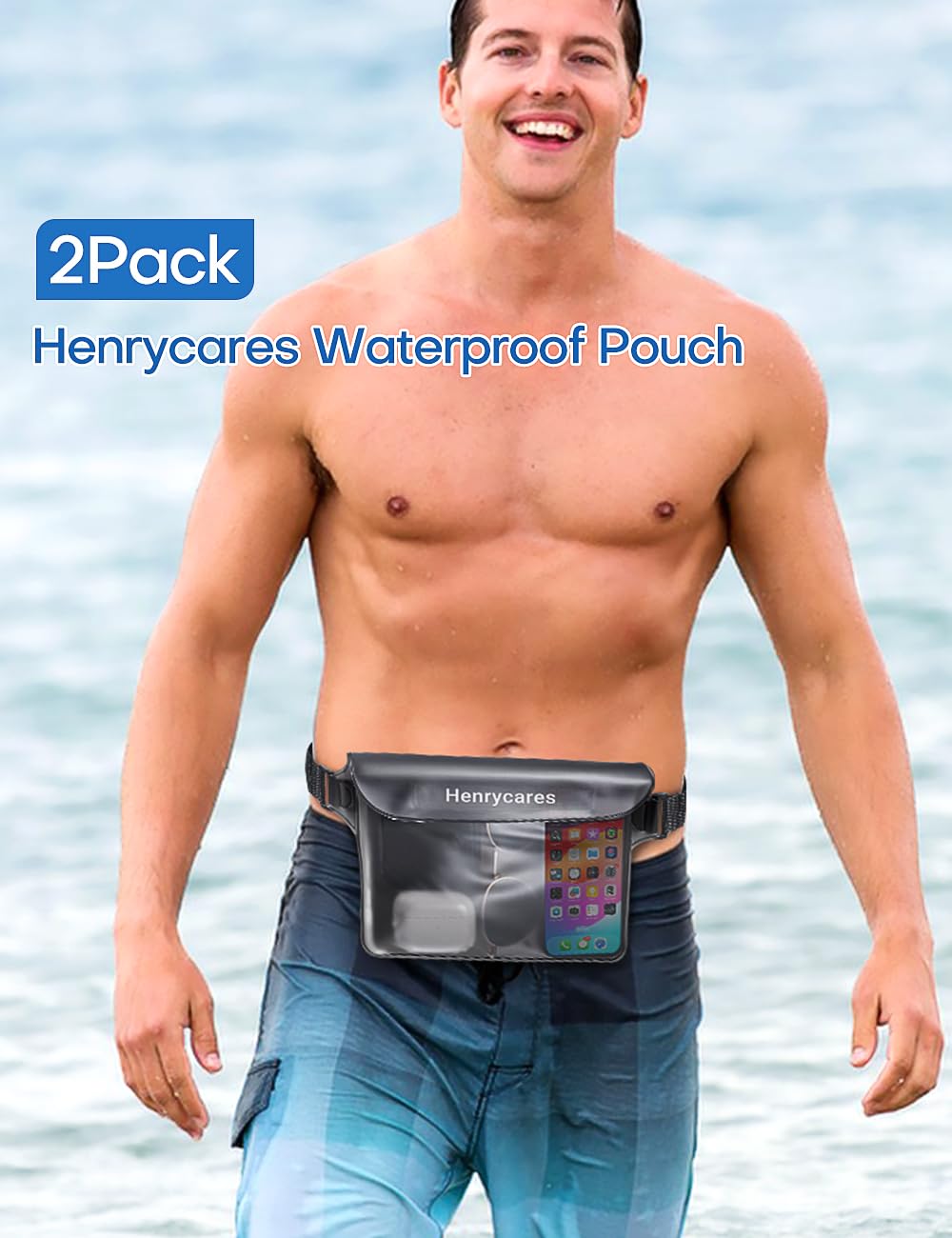 Henrycares 2 Pezzi Marsupio Impermeabile Mare, IPX8 Borsa Impermeabile con Tripla Tenuta, Cintura Regolabile Estesa, Busta Impermeabile Mare per Subacqueo, Spiaggia, Kayak (Nero+cristallo Grigio)