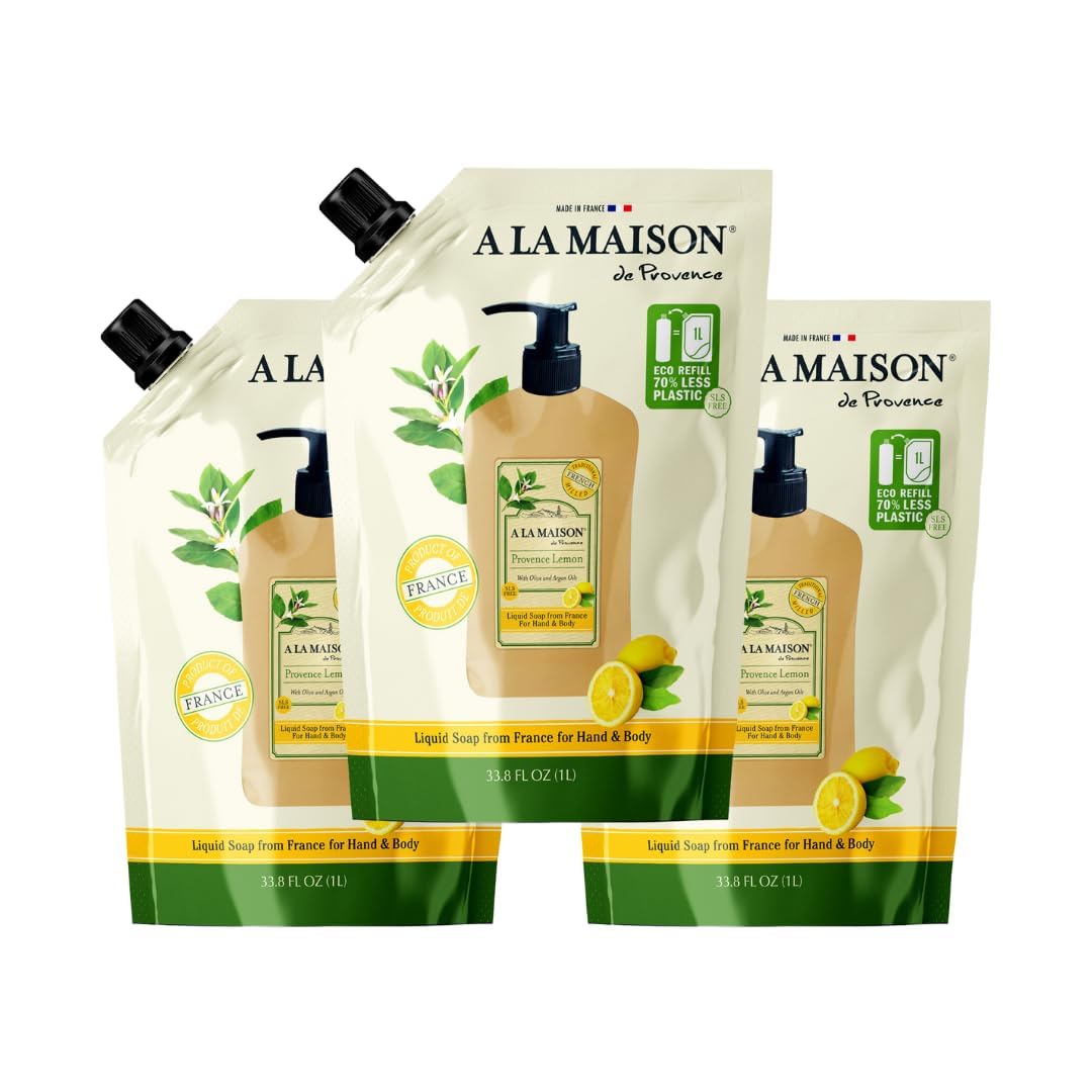 A LA MAISON Provence Lemon Natural Hand Wash Made with Essential Oils - Biodegradable, Plant-Based, Vegan, Cruelty-Free parent (1, 33.8 Fl Oz Refill Pouches, 3 Pack)