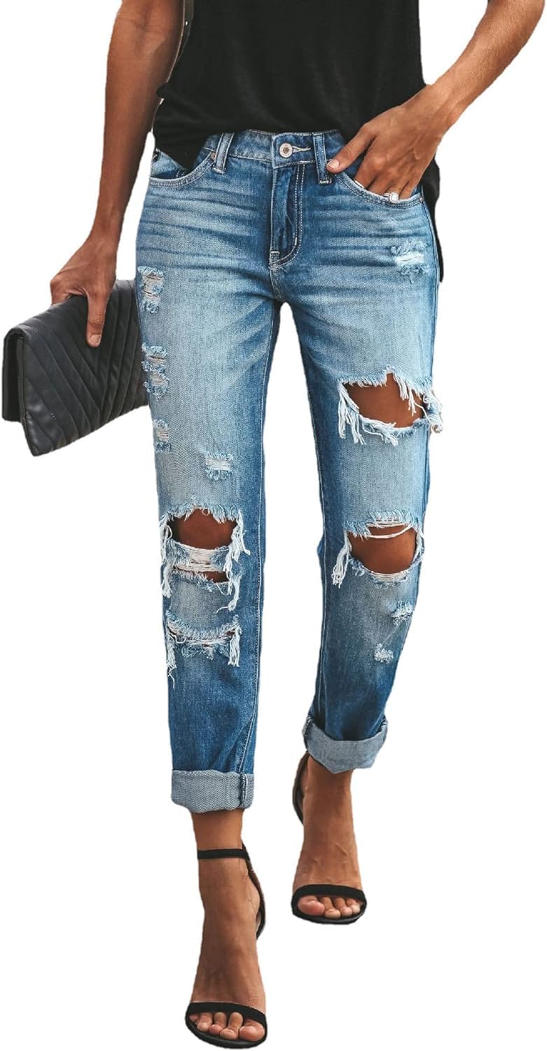 Ttricche Women's Blue Ripped Distressed Jeans For Mid Rise Boyfriend Raw Hem Straight Leg Ankle Denim Pants (,Xxl,Xxl)
