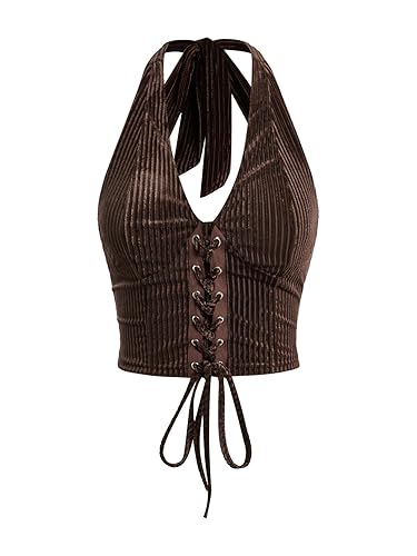 Verdusa Women's Going Out Halter Corset Tops Sleeveless Lace Up Open Back Crop Top - X-Small - Dark Brown