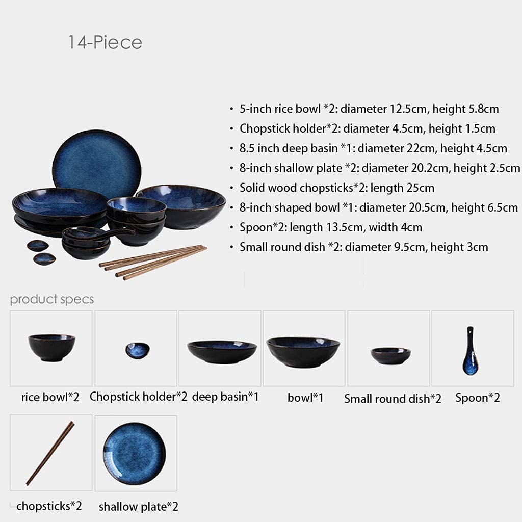Assiette à dîner rétro en céramique Bleue, Bol à Soupe, Bol à Riz, Assiette, cuillère, Baguettes, Service de Table Japonais pour 2 Personnes, Couleur