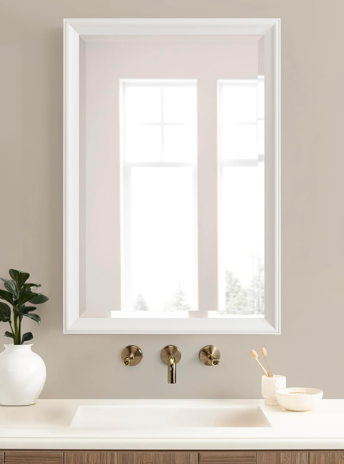 Kate and Laurel Kalla Traditional Framed Rectangle Bathroom Vanity Mirror, 28 x 40, White, Rectangular Large Beveled Bathroom Mirror for Over Sink or for Use as Entryway or Living Room Decor
