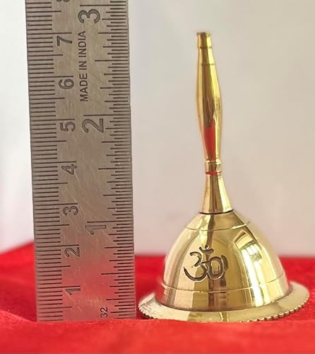 Miniatura 2 de Indian Consigners Campana de mano de latón con sonido fuerte, campanas de 3 pulgadas para uso en altar (Oro Om)