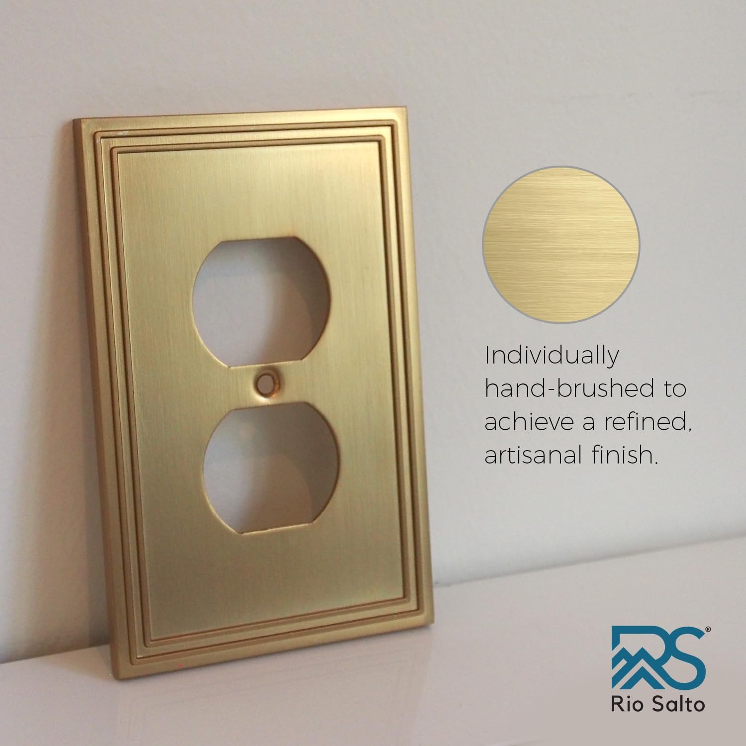 Rio Salto Duplex Outlet Cover Light Switch Plate Receptacle Wall Plate — Brushed Brass Gold Metal Outlet Covers Light Switch Cover — Imperial Collection Decorative Plates Midsize 3.13" X 5.00" 4-Pack