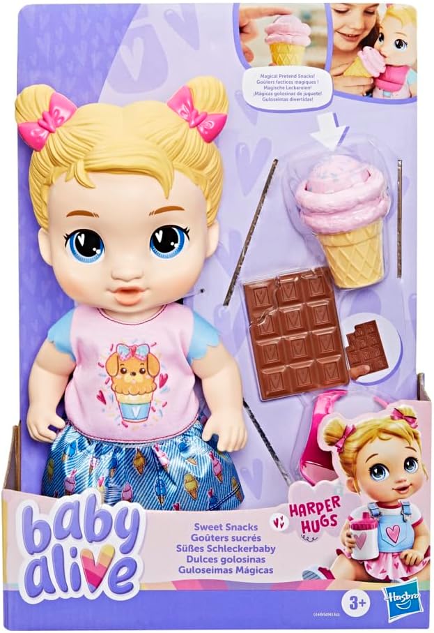 Baby Alive Sweet Snacks Harper Hugs boneca loira em plástico com acessórios de guloseimas mágicas, brinquedo infantil interativo para crianças acima de 3 anos Baby Alive Sweet Snacks Harper Hugs boneca loira em plástico com acessórios de guloseimas mágicas, brinquedo infantil interativo para crianças acima de 3 anos