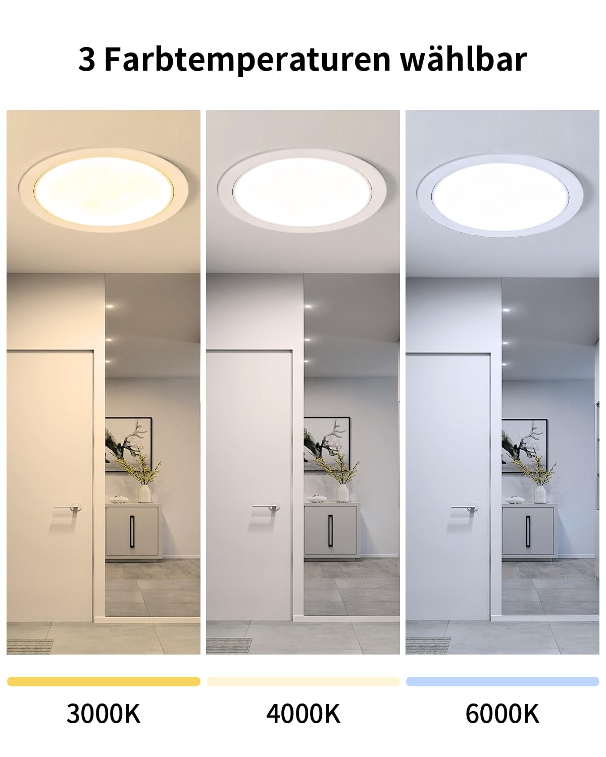 6 Stück LED Deckenleuchte Flach 36W Rund 3CCT 5000LM Ausschnitt Ø253-263mm | Grebeam IP44 Deckenspot Groß Ultra Slim Einbautiefe 30mm LED Panel 300x300 Warmweiß/Neutralweiß/Kaltweiß für Büro Wohnzimmer