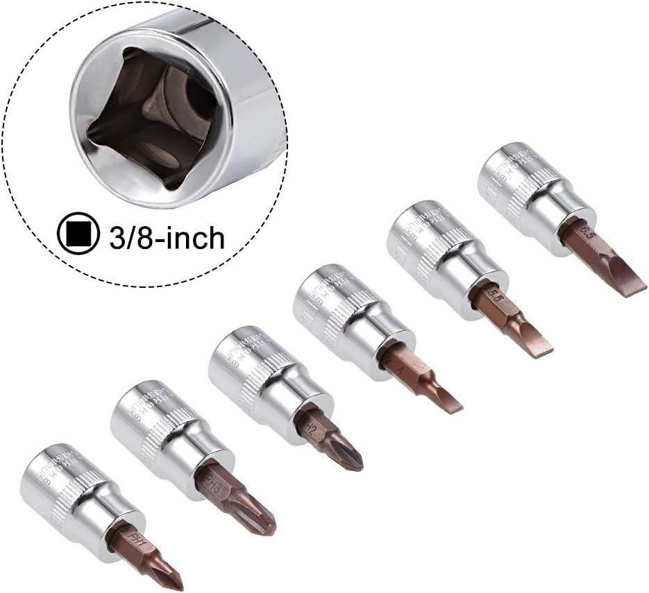 uxcell 3/8" Drive Phillips Slotted Bit Socket Set, S2 Steel Bits, CR-V Sockets 6-Piece (PH1-PH3, FD4-FD6.5)