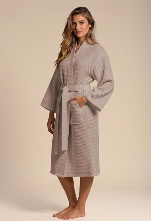 Turquaz Lightweight Waffle Knit Kimono Bathrobe - Soft Cotton Blend Spa Robe, Fast-Drying Full-Length Unisex Robes for Women