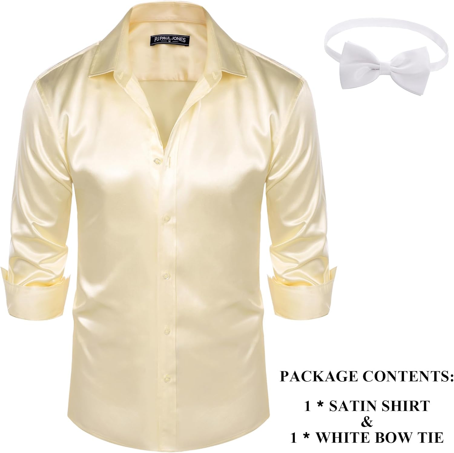 PJ PAUL JONES Men's Shiny Satin Dress Shirts Long Sleeve Button Down Silk Shirt with Bow Tie - Image 4