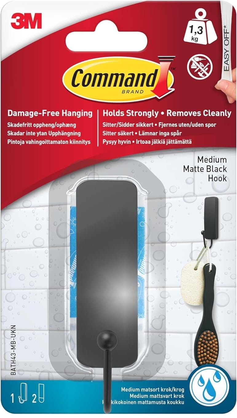 Command Bath Medium Hook, Matte Black - 1 Hook and 2 Water-Resistant Strips - Adhesive Strips for Damage Free Hanging