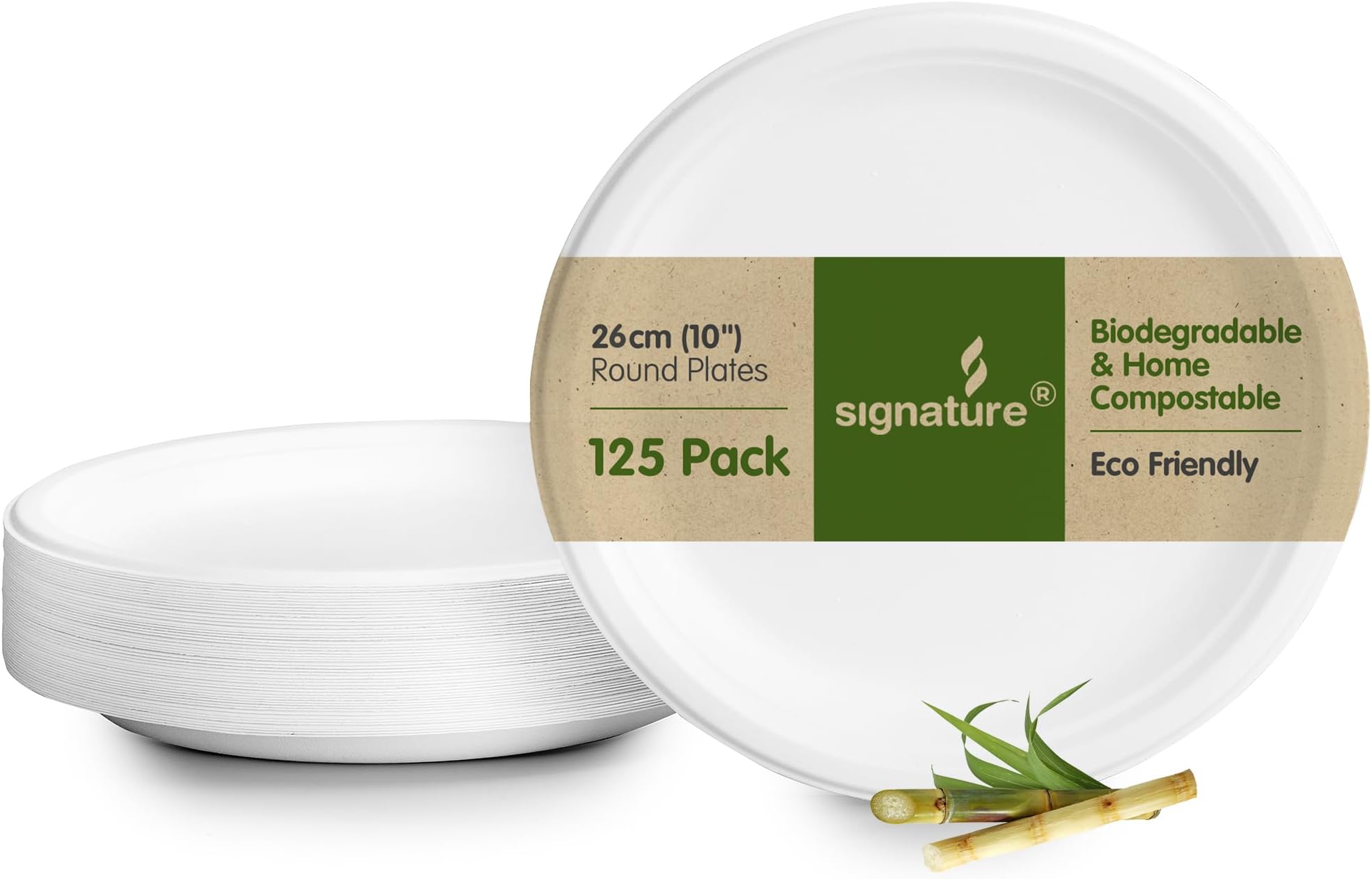 Heavy Duty Strong Home Compostable Eco-Friendly 10” (26cm) Bagasse Large Plates Made from Natural Sugar Cane Fibres. Perfect for buffets, BBQ, Parties, Corporate Events. 125 Plates per Pack