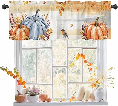 Fall Curtain Valance for Windows Orange Blue Pumpkin Bird Thanksgiving Valance Window Treatments Rod Pocket Leaves Orange Gray Autumn Short Curtains for Kitchen Living Room Bedroom Decor 42x12in