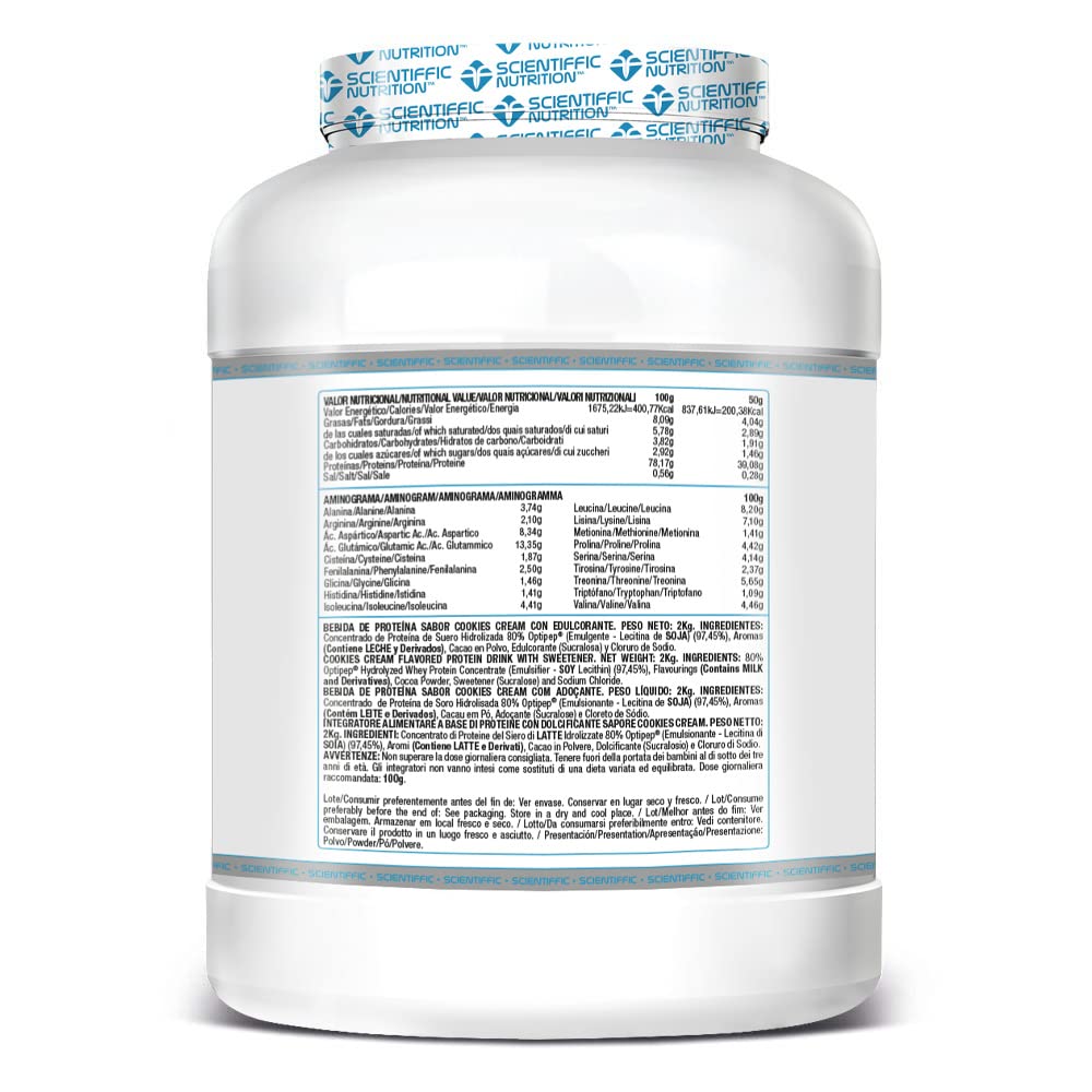 Scientiffic Nutrition - Hydrolyzed, Proteína de Suero de Leche Hidrolizada, Whey Protein en Polvo, Rápida Absorción y Fácil Digestión, Promueve el Crecimiento Muscular - Sabor Cookies, 2kg.