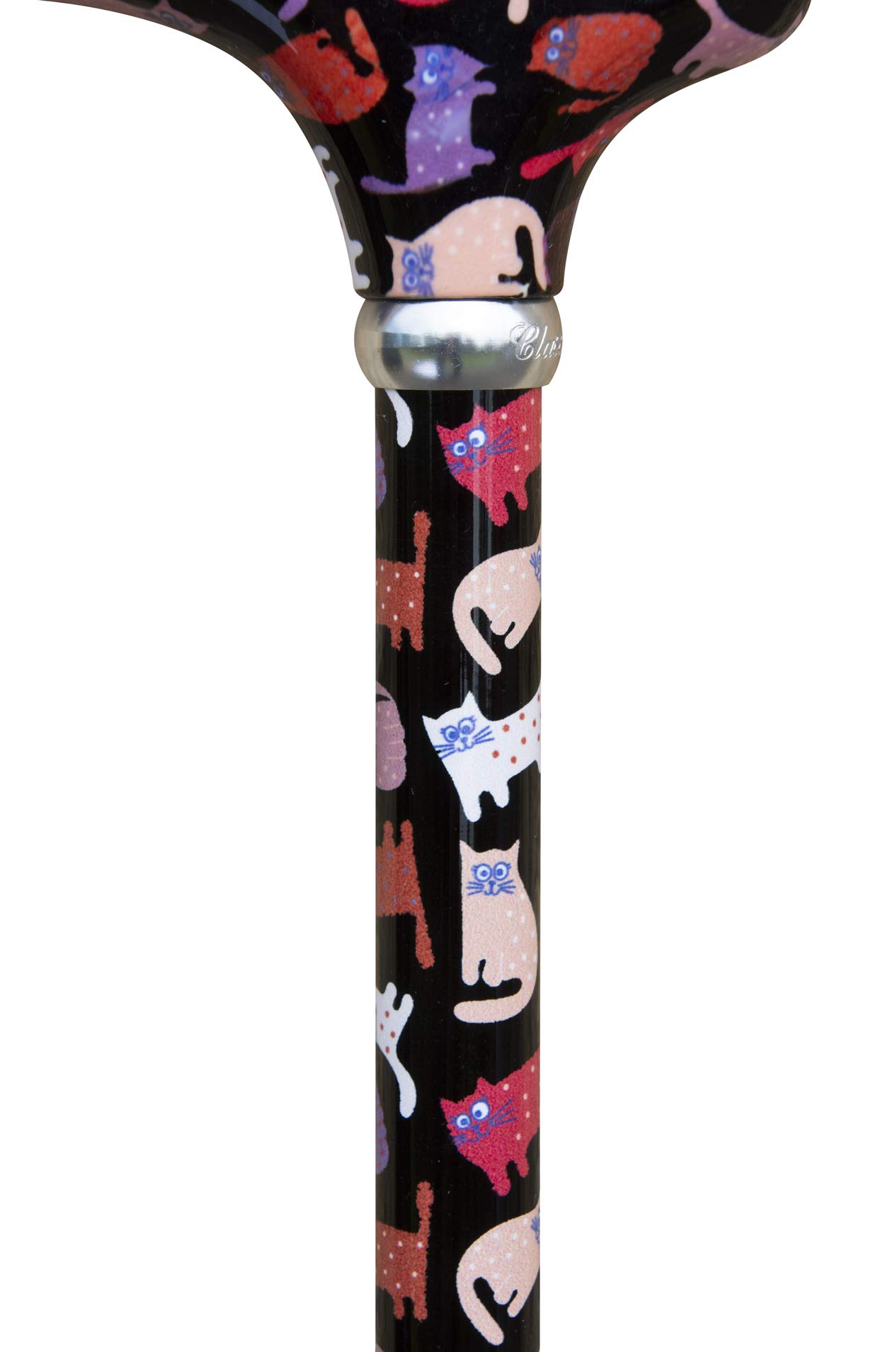 Design Gehstock CRAZY CATS, farbig, bunt, modisch, höhenverstellbar, Derbygriff, Leichtmetall, edler Chromring, Damen und Herren, mit Gummipuffer.