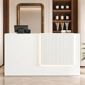 63" Modern Reception Desk with Lockable Drawers,Dual-Level Counter,Built-in Charging Ports & LED Light,Thick Engineered Wood Service Counter for Office Salon Retail Clinic Lobby White