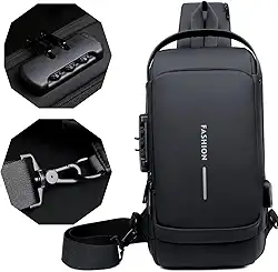 Bolsa Masculina Pochete de Couro Antifurto, Impermeável, com USB, Transversal, Couro, Anti-Roubo, Esportiva, Academia (Preto)