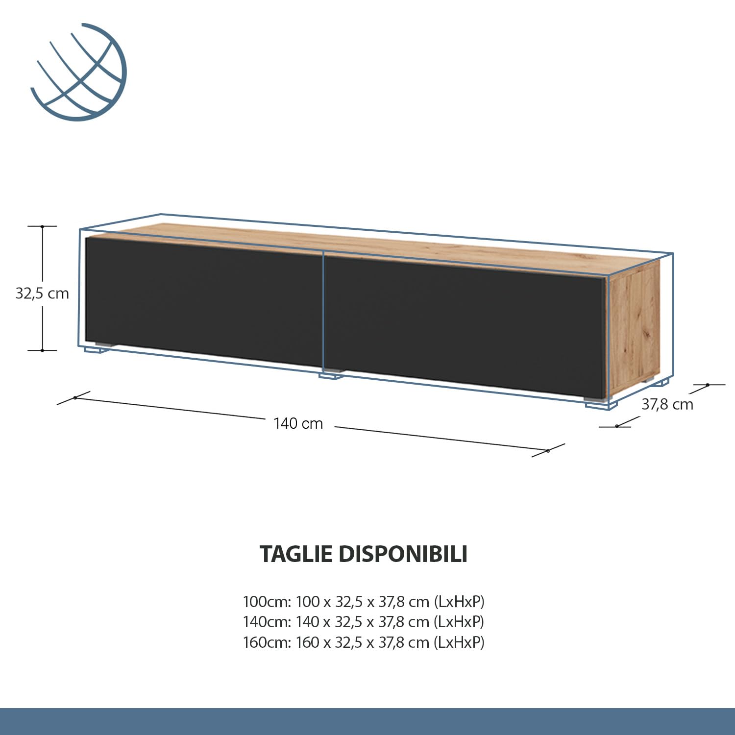 Planetmöbel TV Mobile soggiorno 2X 140 cm Oro Rovere/Antracite - Oro Rovere, Moderno, Mobile TV con 2 ante per lo stoccaggio, da appendere o utilizzare con appoggio a terra