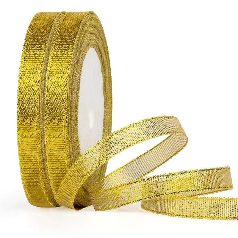 Cinta dorada con purpurina de 3/8 pulgadas, rollo de 25 yardas/rollo x 2 rollos de cintas de tela metálica brillante para envolver regalos, decoración de fiestas, bodas y manualidades.