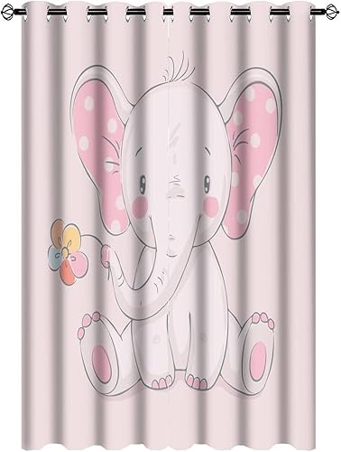 Miniatura 2 de Zmcongz Paneles opacos de elefante de dibujos animados para guardería, decoración del hogar, elefante rosa y flores, aislamiento térmico, ojales