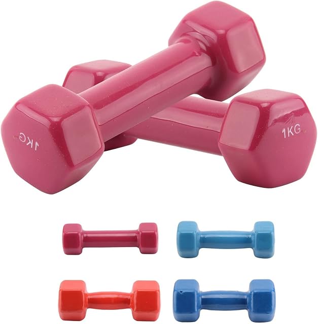 Youyijia 2x 1kg Vinyl Dumbbell Set Hand Weights Lifting Strength Training Equipment Hex Dumbellsweights for Home Gym Workout Dumbbells in 1kg 2kg 4kg 5kg (Pink)