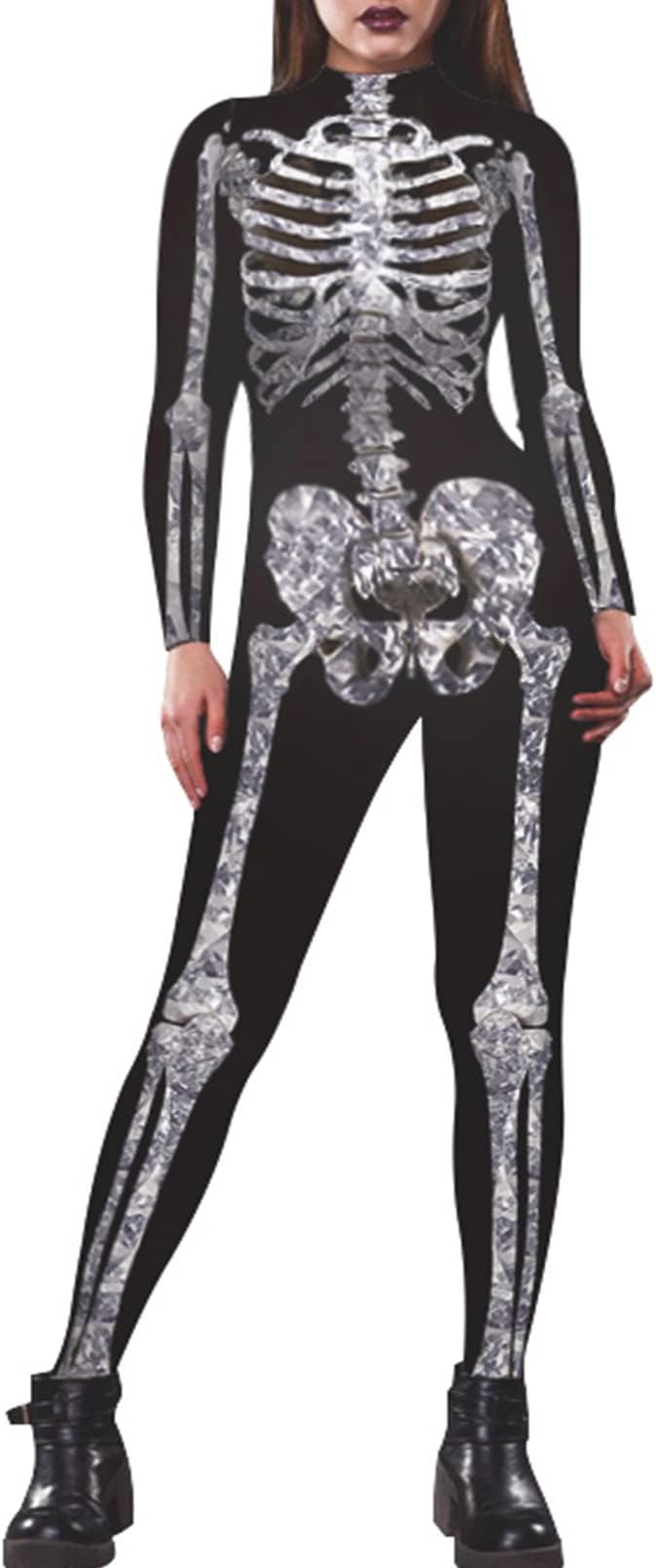 Selowin Women's 2017 Halloween Cosplay 3D Skeleton Bodysuit Catsuit Jumpsuit L,Black and White,Large
