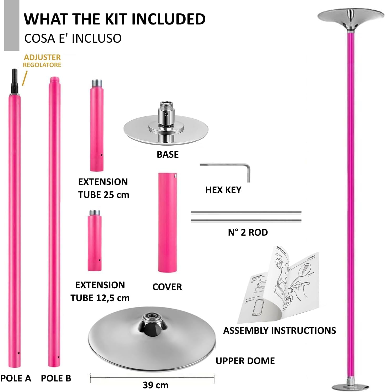 FFitness Palo Pole Dance in Acciaio con Rivestimento in Silicone Rosa 2 modalità Static e Spinning Dance Pole Kit Palo da Ballo Regolabile