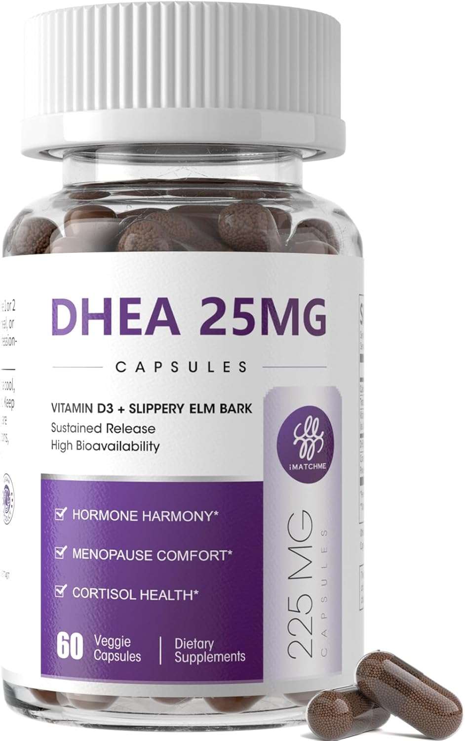 iMATCHME Women's DHEA 25mg Supplement with Vitamin D3 & Slippery Elm – Daily Hormone Support for Energy, Mood, Immune & Healthy Aging – Gentle Balance Formula, Vegan Capsules, 60 Count
