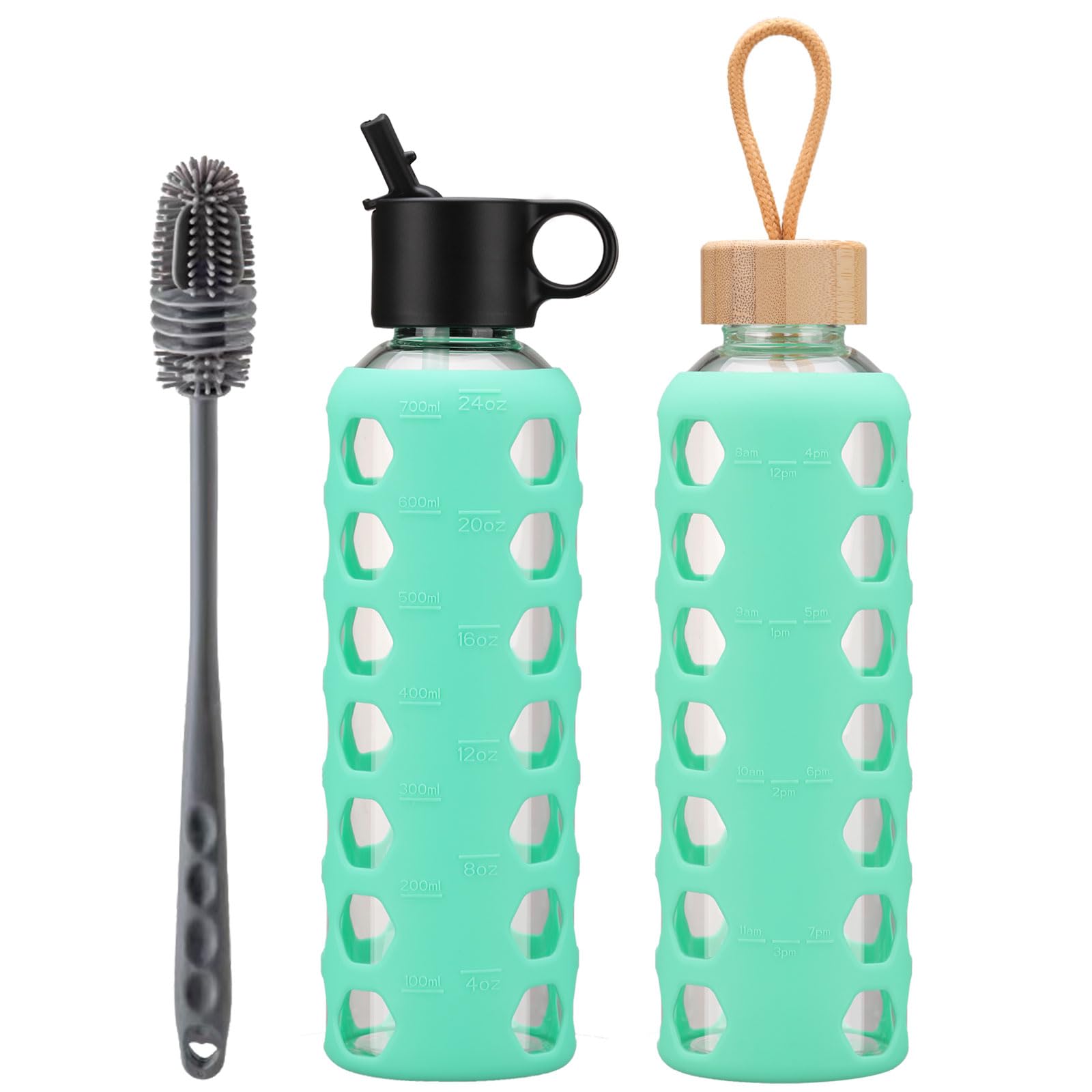 BLUEGO Borracce in vetro, 700ml Bicchiere in vetro, Bottiglie per bere con 2 coperchi, Bottiglia per l'acqua sportiva con custodia in silicone, A prova di perdite, Verde