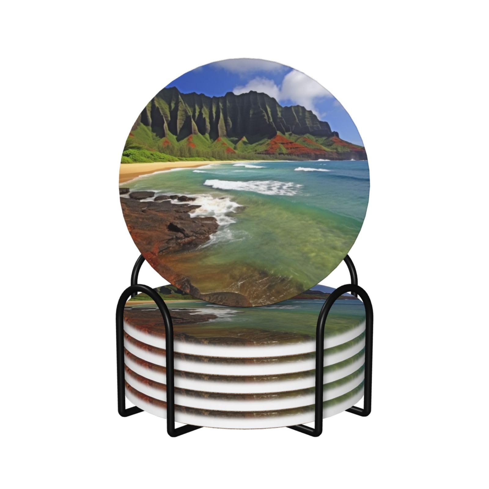6Pcs Ceramics Coaster for Drinks, Kauai Hawaii Seashore Cup Coasters with Holder, Aesthetic Drink Coasters for Coffee Table, Absorbent Round Coaster for Tabletop Protection 4" Cup Mat Pad