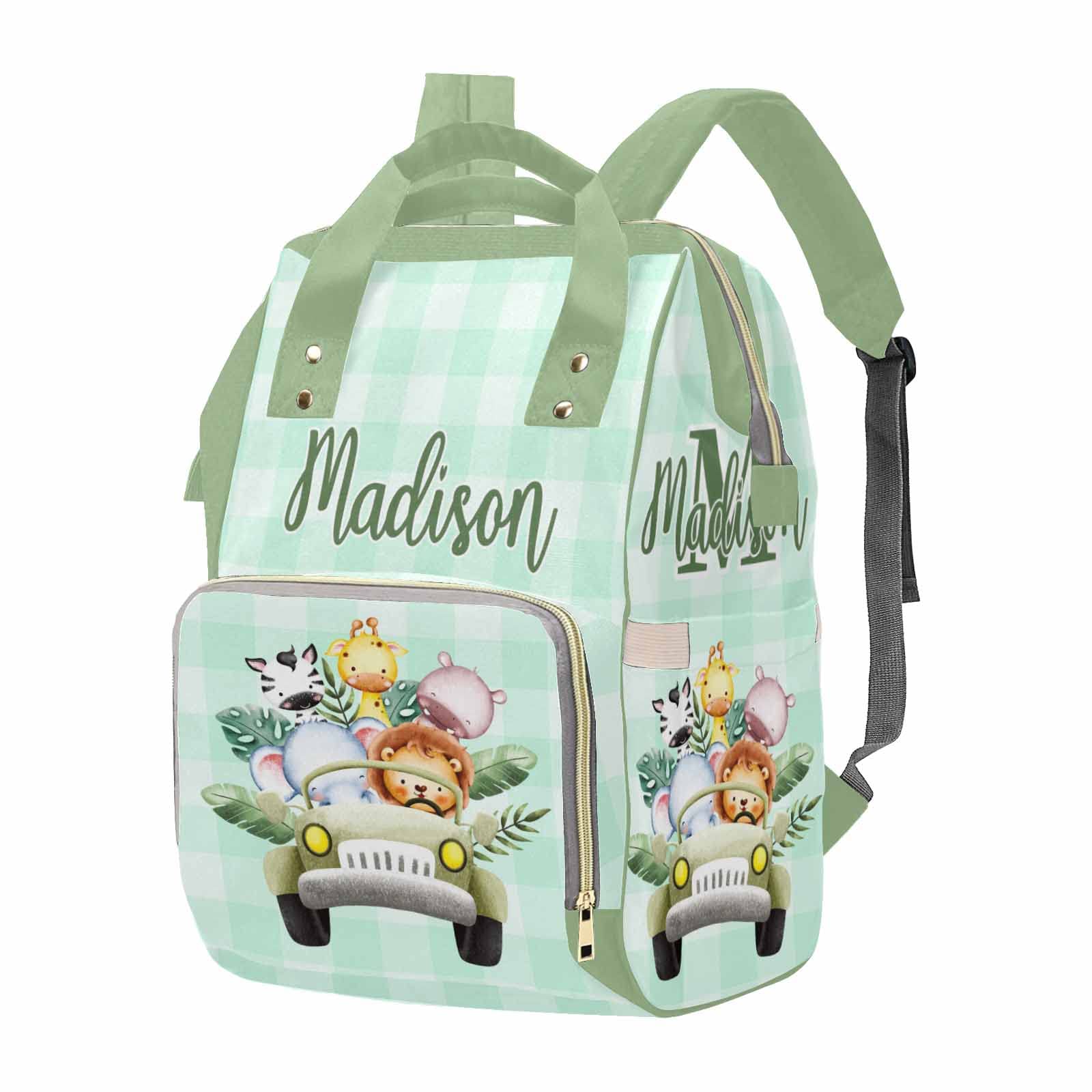 M YESCUSTOM Diaper Bag Custom Name Personalized Green Plaid Diaper Bag with Cartoon Animals Suits for Women Travel Outdoor Use