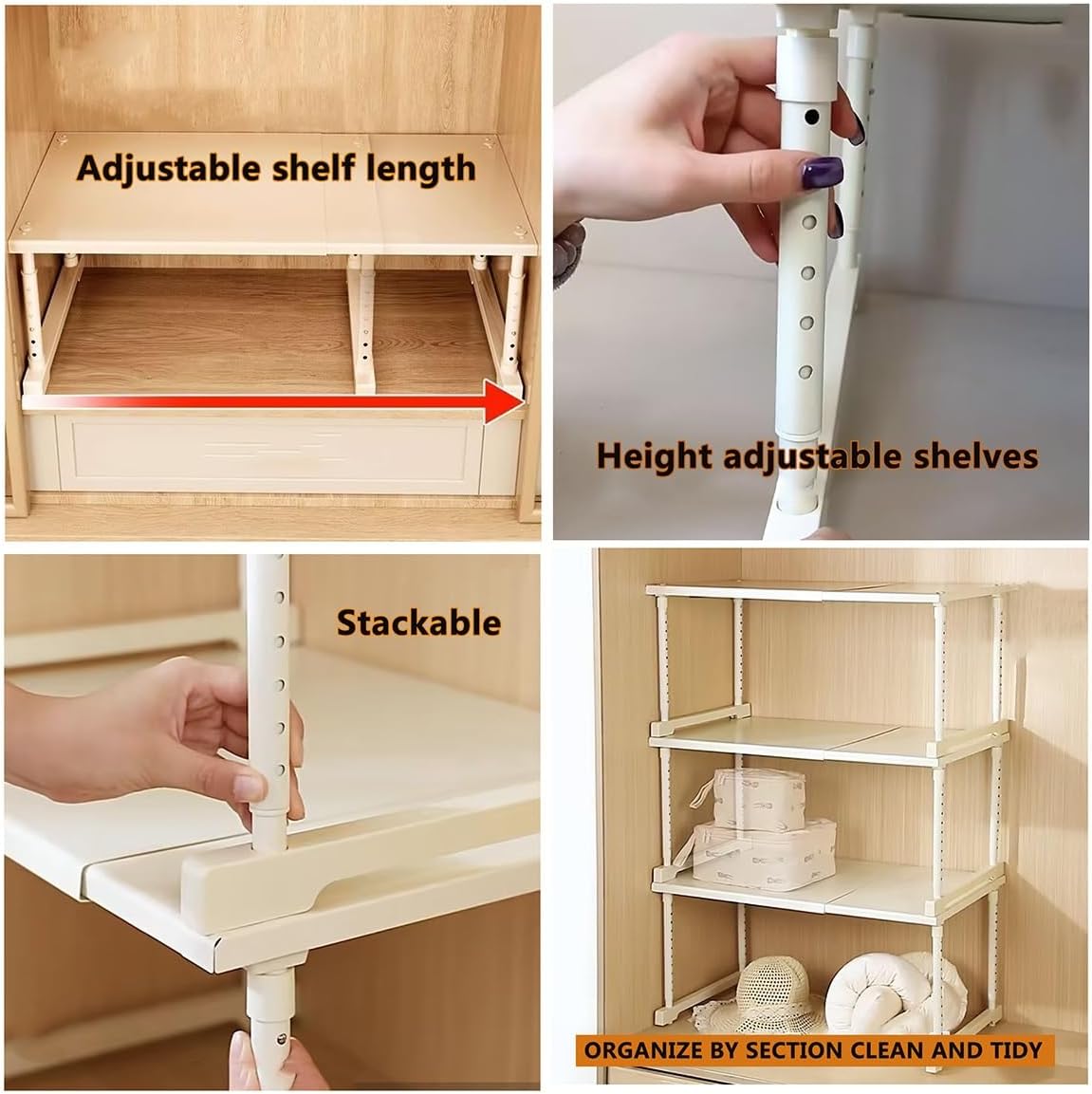 Expandable Kitchen Cabinet Shelves Organizer Stackable Closet Storage Shelf Rack Stand Riser for Wardrobe Kitchen Pantry Cupboard Bathroom(L40-65xW35xH35-50cm)