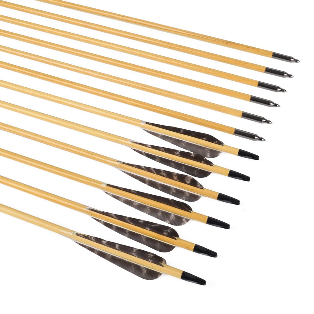 12 pièces 81 cm de flèches en bois avec 10 cm de plumes naturelles Flèches pour tir à l'arc Flèches en bois Flèches de chasse fabriquées à la main pour arc traditionnel Arc recurve Arc long