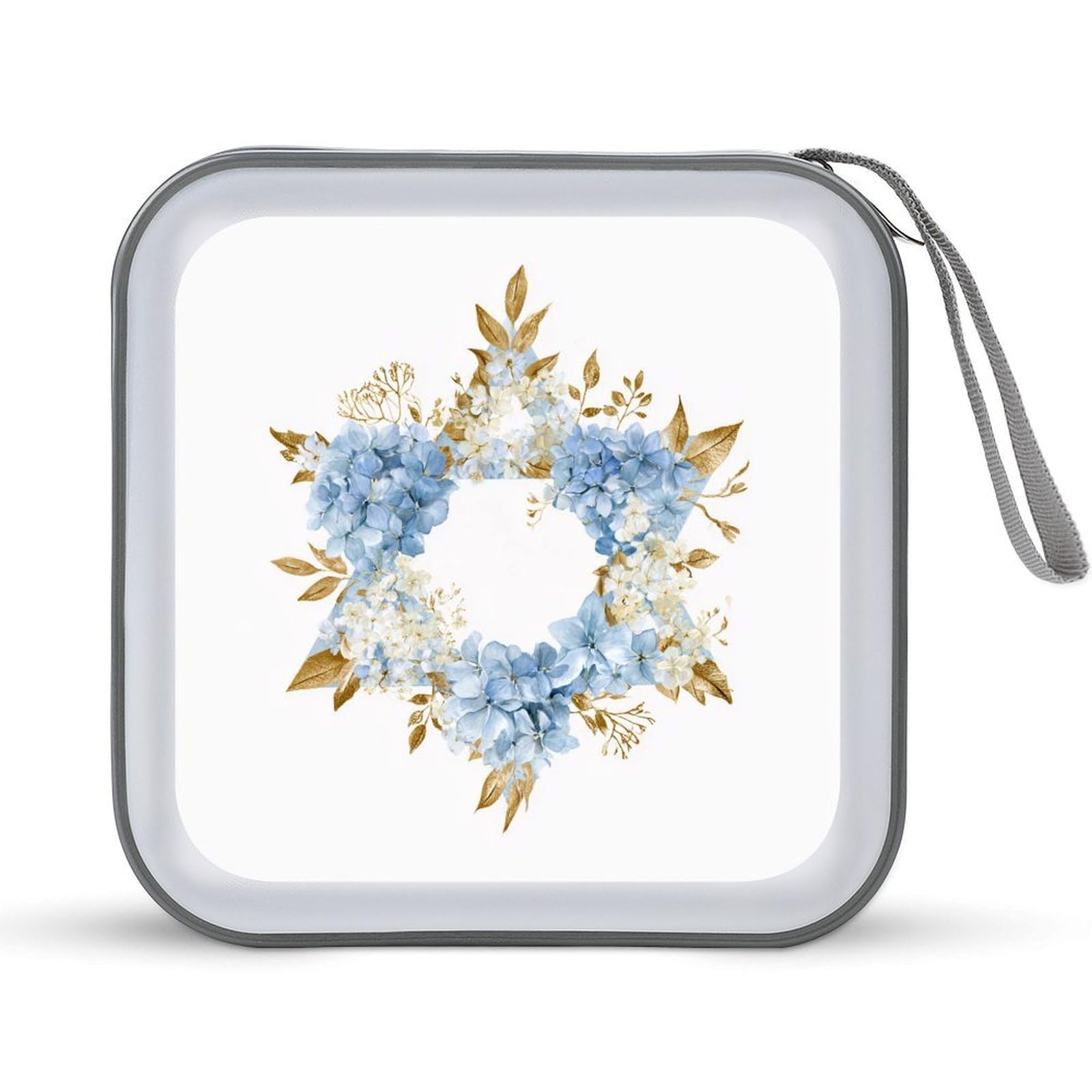 Jubonexis Elegant Star Watercolor Blue Flowers Golden Botanical CD Case DVD Storage Case Portable for Car Home Travel