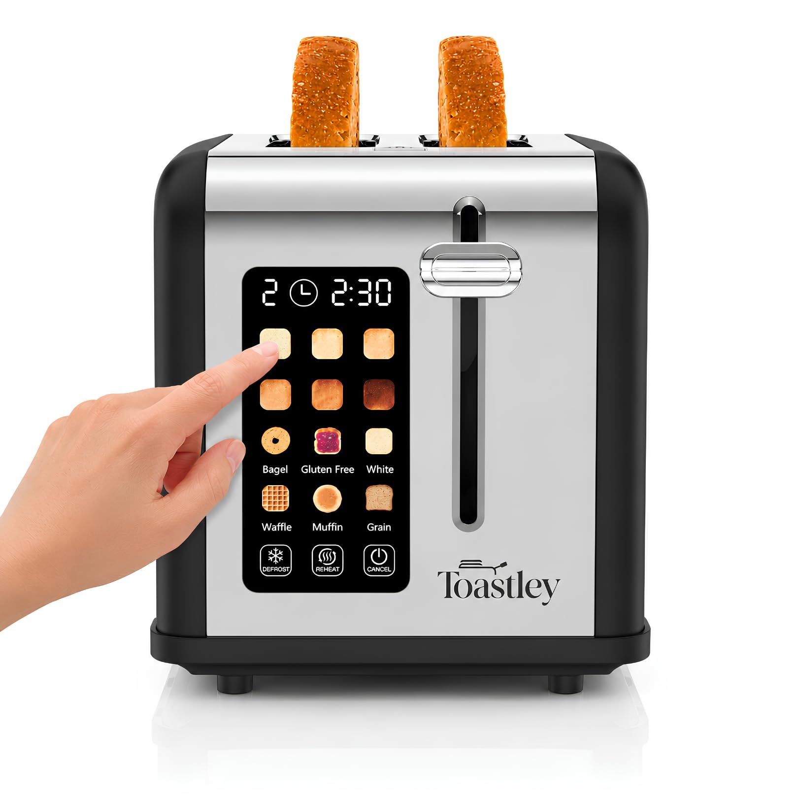 Toastley 2 Slice Smart Toaster with Touchscreen Control, 6 Browning Levels & 6 Bread Modes, Extra-Wide Slots, Bagel/Defrost/Reheat, Extra-Lift Lever, 880W