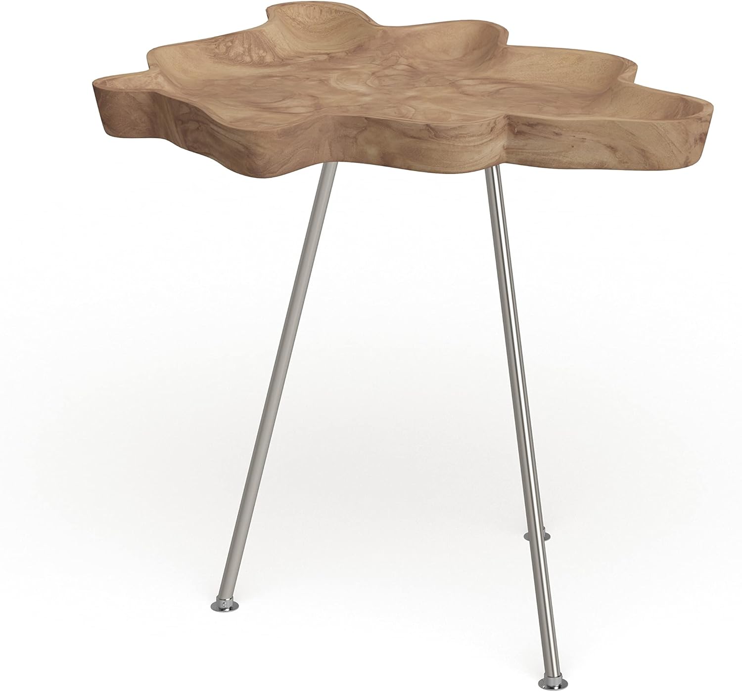 Abstract Teak Wood Accent Table with Silver Metal Legs