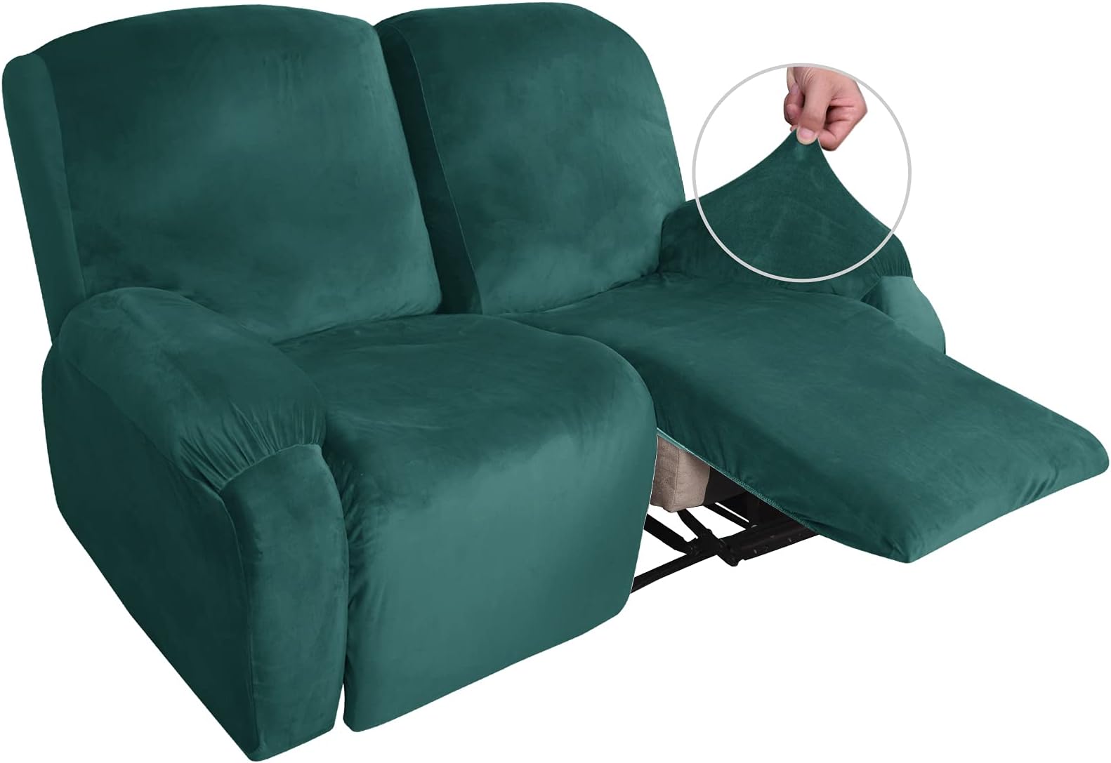 MAXIJIN Recliner Loveseat Slipcover, 6 Pieces Stretch Velvet Reclining Sofa Cover, 2 Seater Love Seat Recliner Couch Cover, Thick, Soft, Washable Furniture Cover (Loveseat Recliner, Blackish Green)