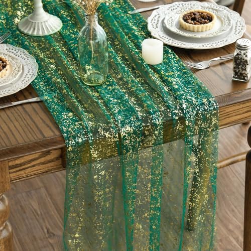Artoid Mode Green Gold Gauze Table Runner 120 Inch 10FT, Glitter Metallic Foil Sheer Dining Wedding Anniversary Holiday Table Decor for Home Party