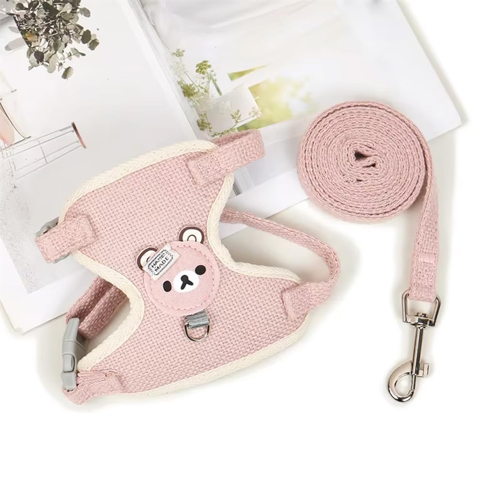 Cute Bear Dog Cat Harness Vest and Leash Set, Adjustable Mesh Material, Available in Blue, Pink, Yellow, Gray Colors (Pink)