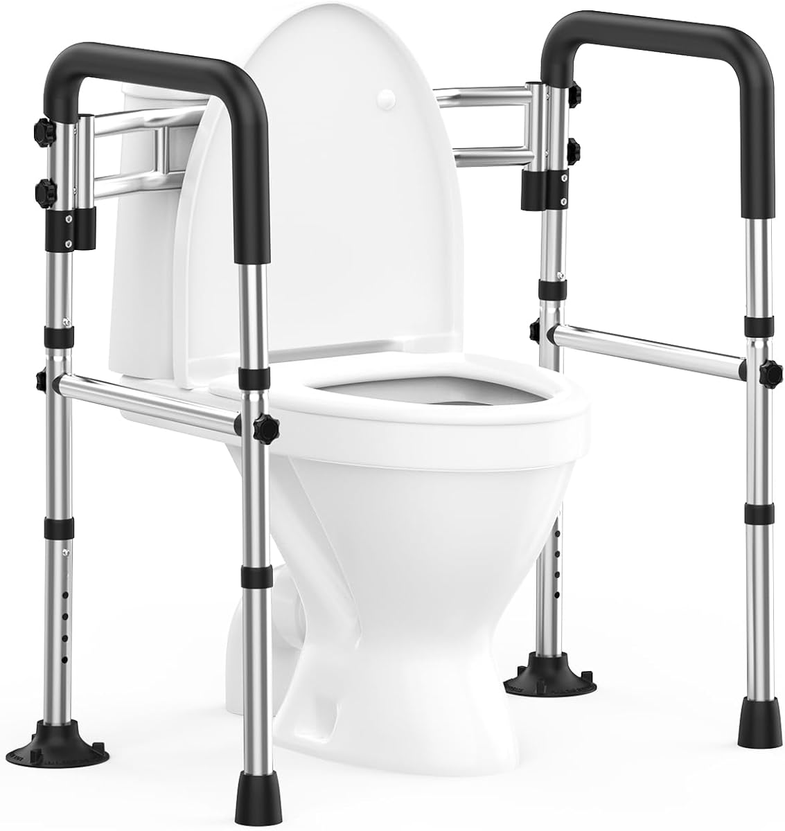 Upgraded Toilet Safety Rails 380LBS, Stainless Steel Toilet Rail Frame, Adjustable Stand Alone Toilet Support with Non-Slip Grips & Suction Cups,Tool-Free Assembly, Fits for Elderly/Disabled