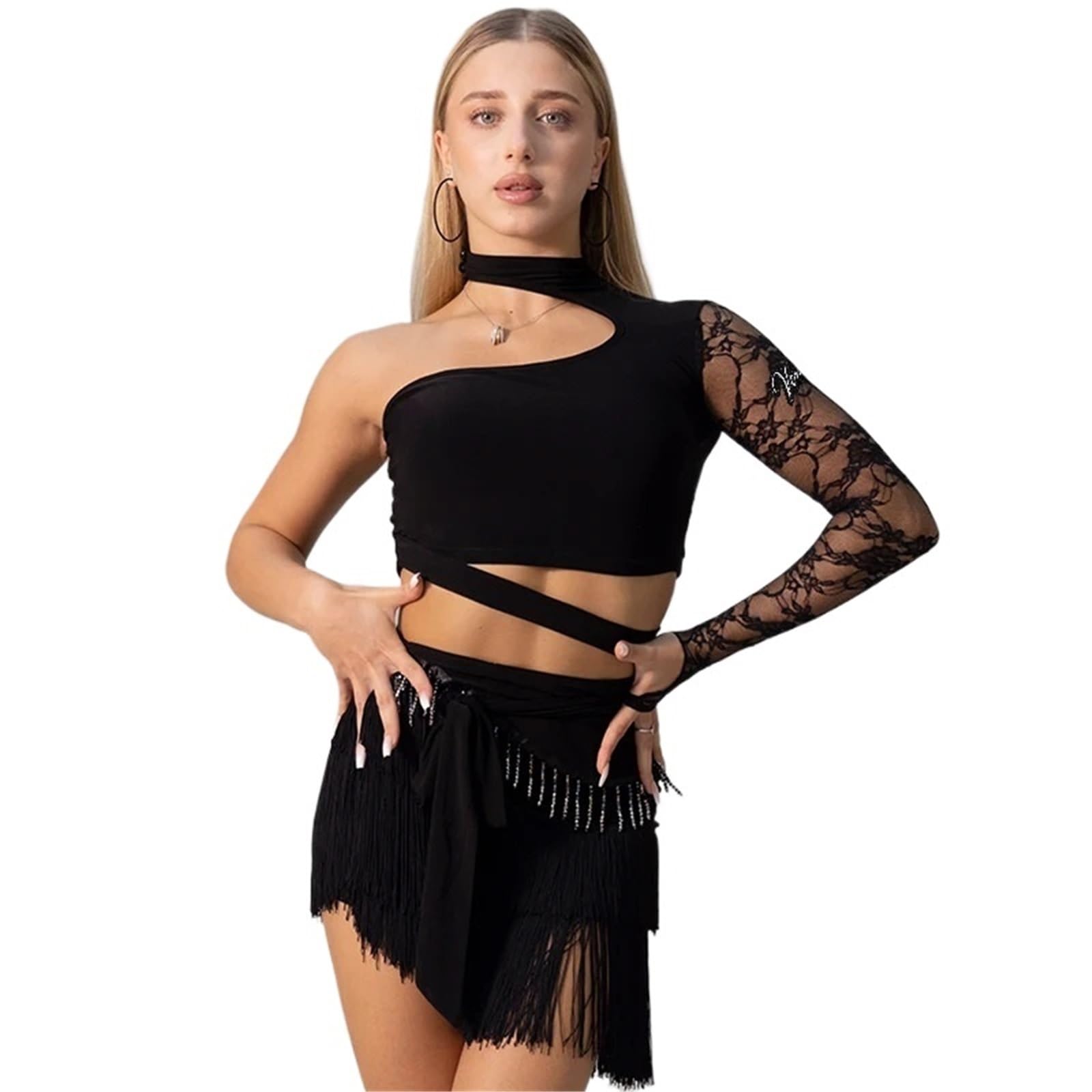 Latin Dance Dress For Women Lace Insert Top With Fringe Short Skirt Elegant Practice Set