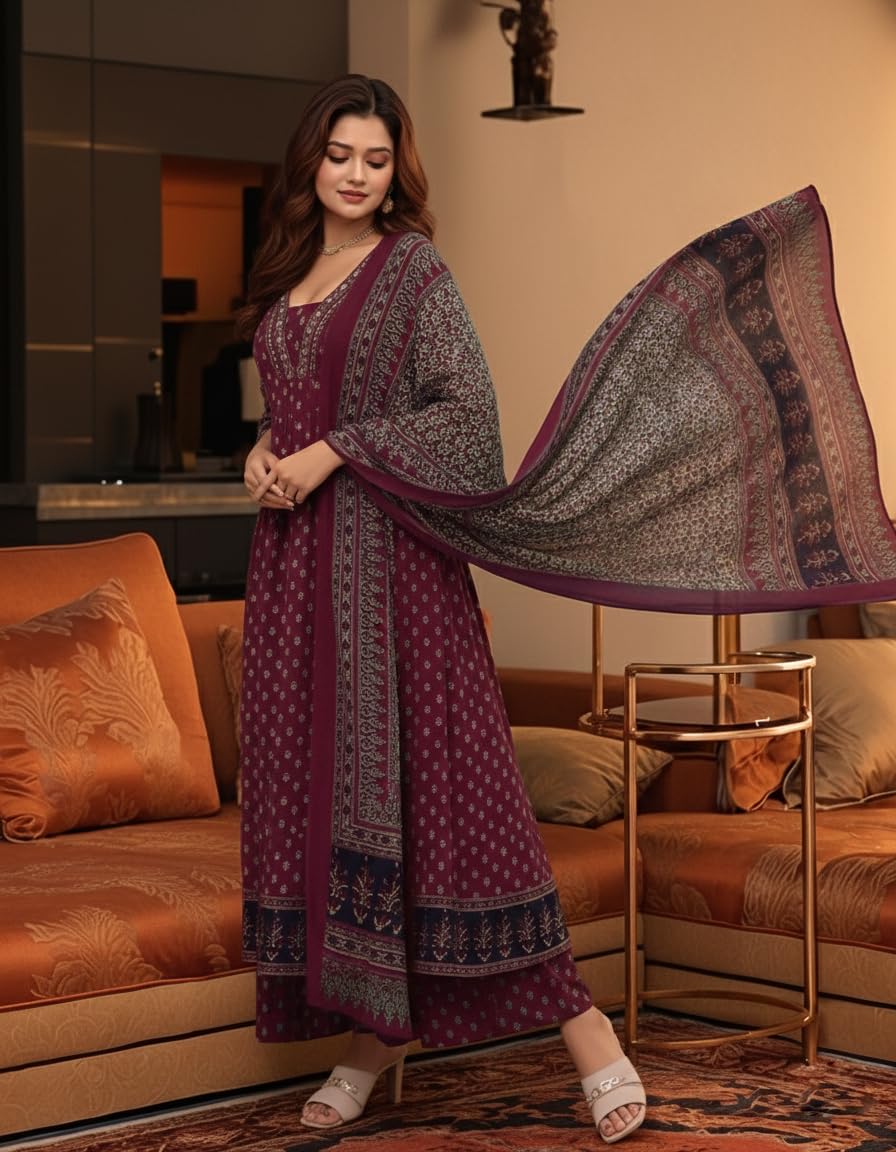 ANNI Designer Ensemble Kurta Anarkali pour femme en pur coton avec dupatta et plazzo – Ensemble de costume imprimé à la main | Robe élégante | Ensemble Kurta en coton pour femme