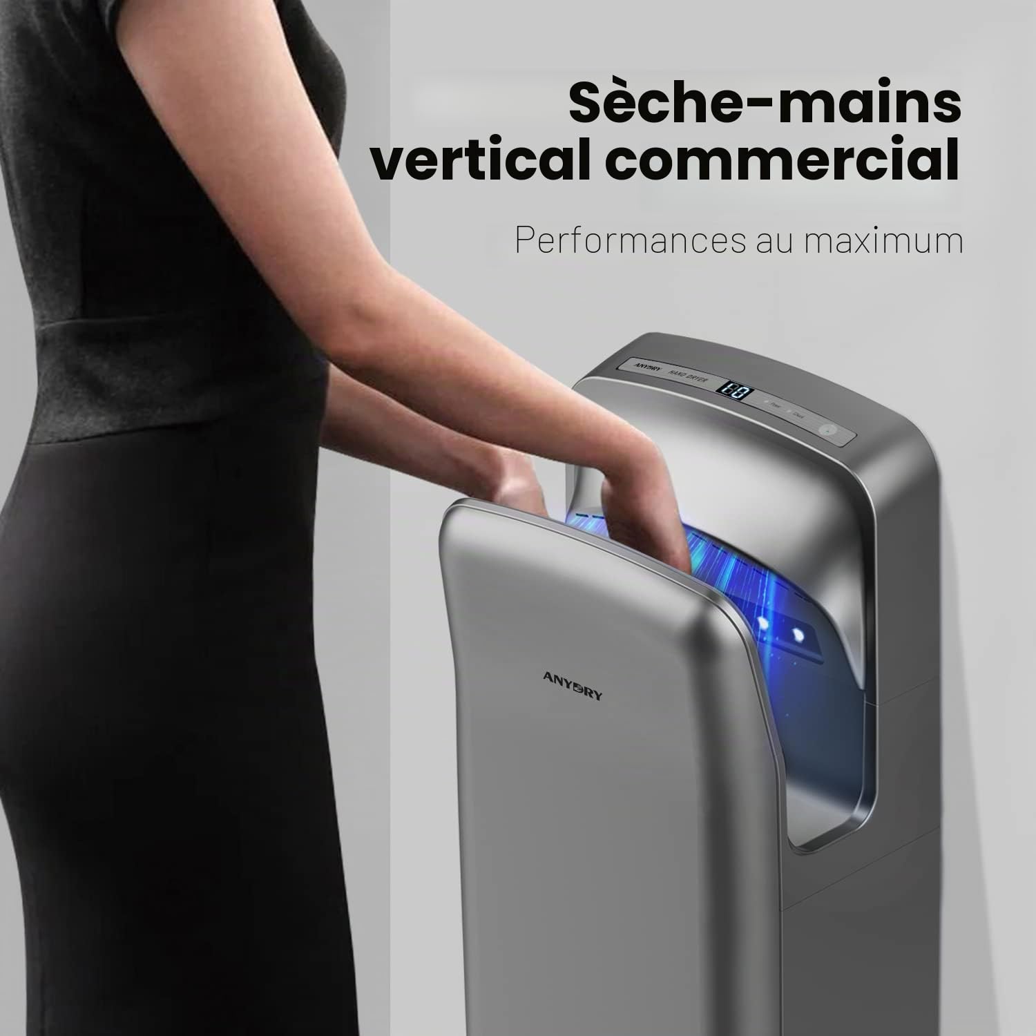 anydry 2005H sèche-Mains,sèche-Mains électrique Commercial,avec Filtre HEPA,Super Puissant,7-10 Secondes pour sécher,1750-2050W.(Argent)