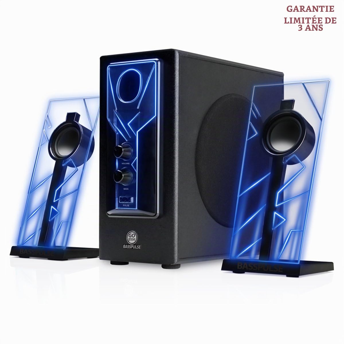 GOgroove Haut Parleurs PC Enceintes Stereo 2.1 Satellite Basses Passives Lampes LED Scintillantes - Compatible avec Ordinateur, Tablette, Smartphone et Tout Appareil Equipé d'un Port AUX 3,5 mm - Bleu