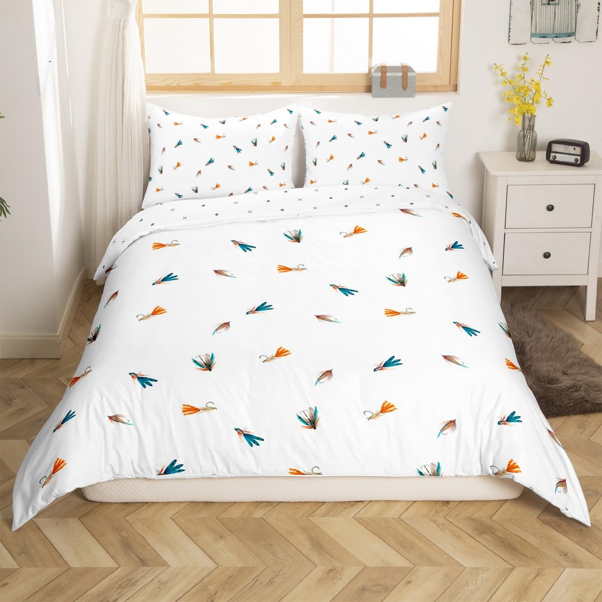 jejeloiu Fish Bedding Duvet Cover Set Toddler Size Fish Hook Fishing Theme Bedding Set for Kids Boys Girls Decor Sea Animal Comforter Cover Set Marine White Bedspread Cover,No Comforter