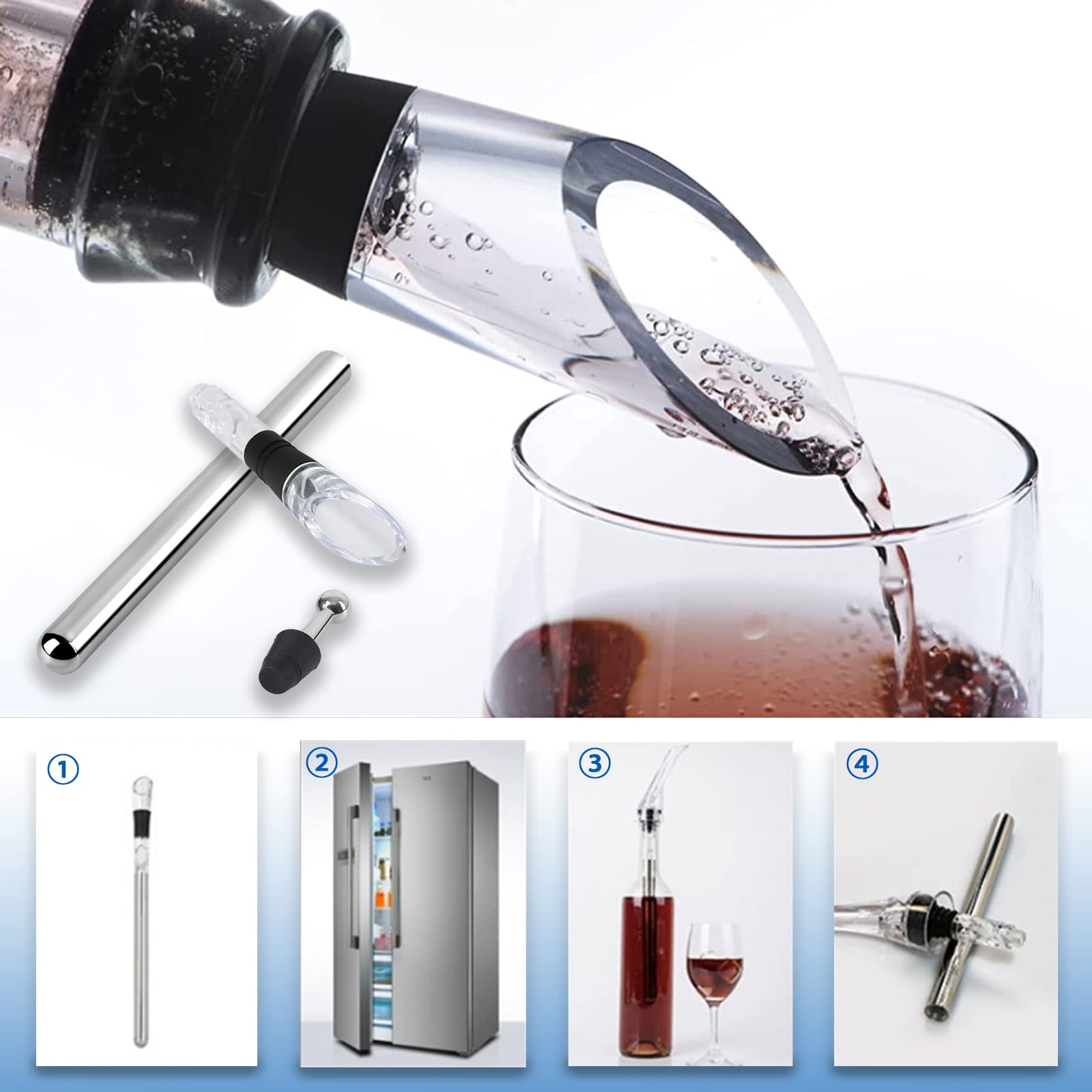 Rafraîchisseur De Vin 3-en-1 - Bâton Aérateur Bec Verseur - Acier Inoxydable